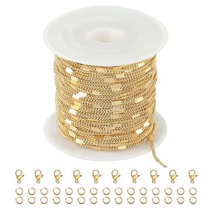 Kyutong 32.8 Feet Stainless Steel Jewelry Making Chains with Accessories | Gold Plated Chain for Jewelry Making Thin Flat Curb Chain Roll for Women DIY Jewelry Crafts - color: Flat Curb Gold