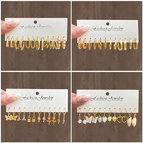 IFKM 24 Pairs Gold Hoop Earrings Set for Women Hypoallergenic Chunky Chain Twisted Open Hoops Dangle Earring Packs for Birthday Party Christmas Fashion Jewelry Gift - color: 24 Pairs Gold