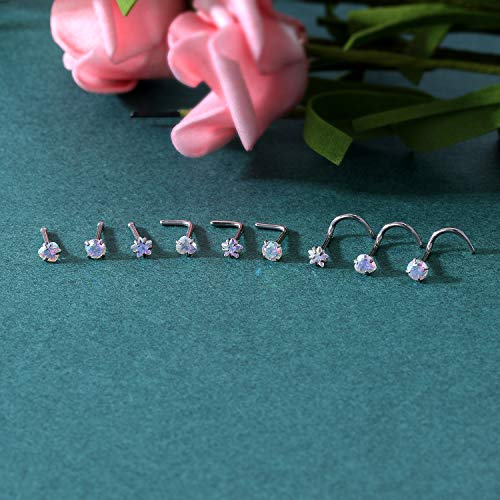 ZS 20G Nose Stud Rings Set, Stainless Steel CZ Nose Piercing Jewelry | Hypoallergenic Nose Bone Rings, L Shaped & Screw Nose Studs, 3mm CZ Stone Nostril Jewelry for Women Men - color: 9pcs Mixed style(AB White)