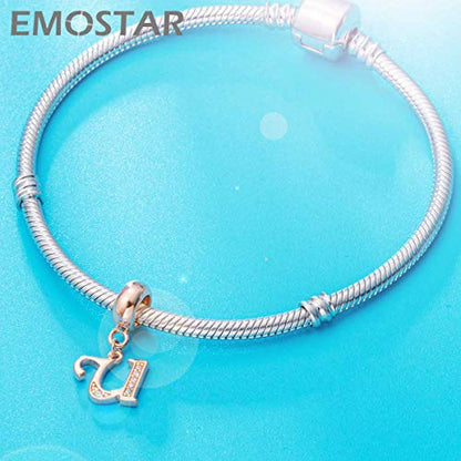 EMOSTAR Letter Charms Initial A-Z Alphabet Beads, Rose Gold 925 Sterling Silver Dangle CZ Birthstone Pendant, Gifts for European Charm Bracelet/Mothers Day/Birthday - color: Letter U