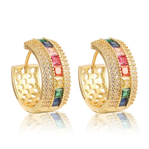 Gold/Silver Hoop Earrings For Women Trendy,Chunky/Big/Thin/Medium/Oval/Thick/Twist Multi-Colored Zirconia Dangle Huggie Rainbow CZ Amber Resin Hoops, Lightweight Birhtday Fashion Jewelry Gift. - color: A2 ( Rainbow Color CZ Hoos)
