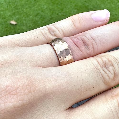 8mm Tungsten Carbide Genuine Natural Koa Wood Inner Inlay Ring Black/Gold/Silver/Rose Gold Wedding Band Hammered Textured Flat Style Comfort Fit Gift Box Included - color: Hammered Rose Gold Tungsten