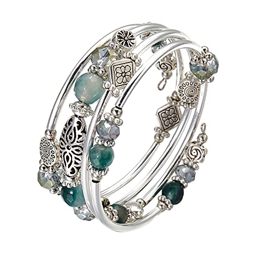 FULU AUTUMN Stackable Beaded Bracelets for Women Boho Wrap Silver Bracelet Layered Fashion Jewelry Gifts for Her - color: Green