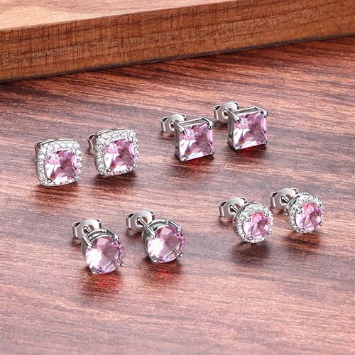 MILACOLATO S925 Sterling Silver Stud Earrings for Women Men Hypoallergenic 18K Gold Plated Cubic Zirconia Earrings Studs Brilliant Simulated Diamond Halo Earring for Sensitive Ears - style: 18K White Gold Plated - Pink CZ
