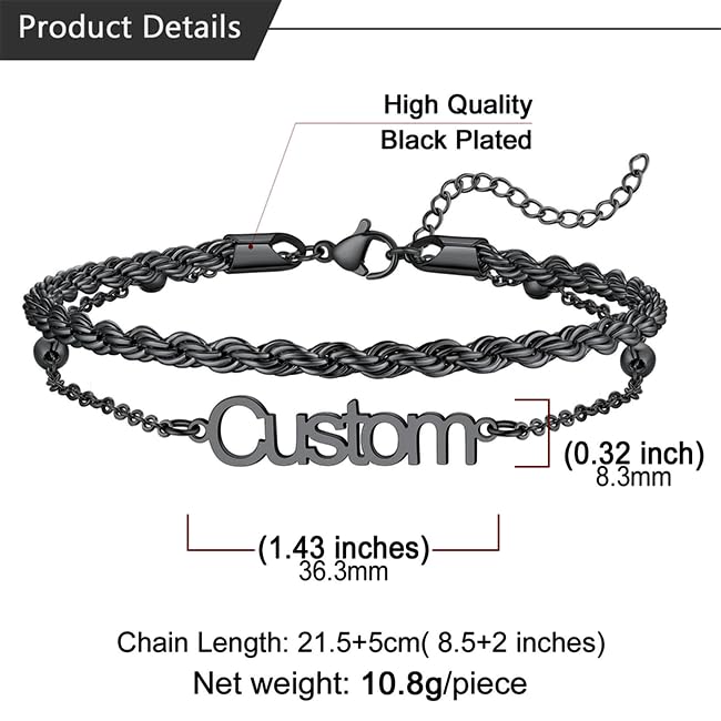 U7 Custom Layered Ankle Bracelets for Women Stainless Steel Bead/Cuban/Figaro/Rope/Wheat Chain Anklet Waterproof Anklet Jewelry for Beach Vacation - color: c-Black-Rope Chain