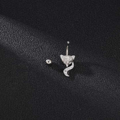 14G Surgical Stainless Steel Dangle Belly Button Rings for Women Belly Ring Dangling Piercing Jewelry CZ Snake lizard Skull Spider bat Halloween Party Punk Rock - style: Fox