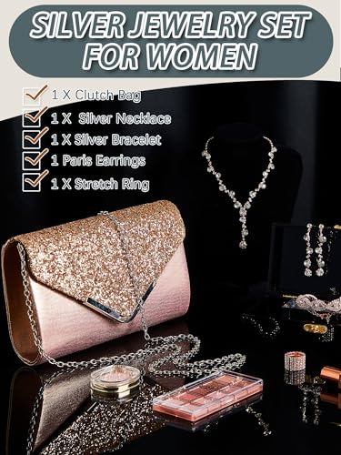 Henoyso 5 Pcs Purse Rhinestone Jewelry Set Prom Jewelry Rhinestone Clutch Purse Necklace Earrings Bracelets for Women Bride - color: Rose Gold