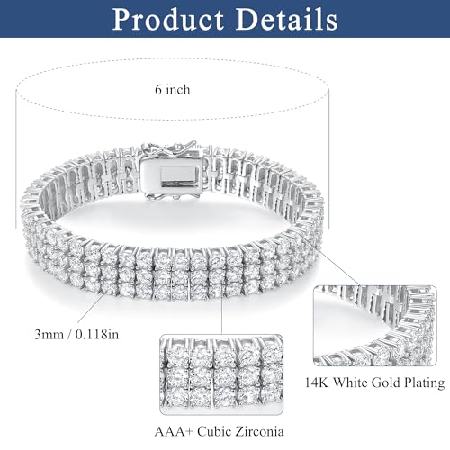2 Rows Tennis Bracelets for Women Men - 18K Yellow Gold Plated 3mm Round Cut Cubic Zirconia Classic Tennis Bracelet, Size 6.5-8.5 Inch - color: White Gold - 3 Rows, size: 8.5 inch