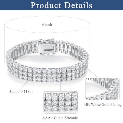 2 Rows Tennis Bracelets for Women Men - 18K Yellow Gold Plated 3mm Round Cut Cubic Zirconia Classic Tennis Bracelet, Size 6.5-8.5 Inch - color: White Gold - 3 Rows, size: 6 inch