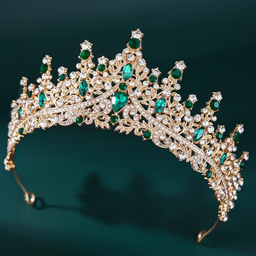 Crystal Crown Jewelry Set for Women Bride Queen Tiara Earrings and Necklace | Metal Royal Crown Costume Jewelry Set Wedding Prom Quinceanera Party Pageant Halloween Retirement Christmas Birthday Gift - color: Green