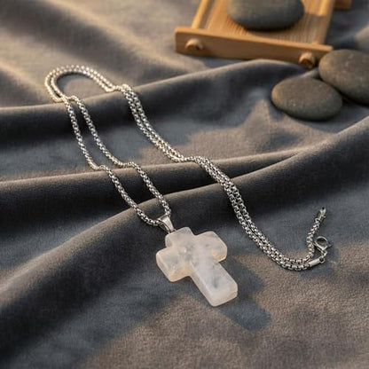 Justinstones 32mm Gemstone Carved Cross Reiki Chakra Pendant With Stainless Steel Necklace 22 Inch - color: White Clear Quartz