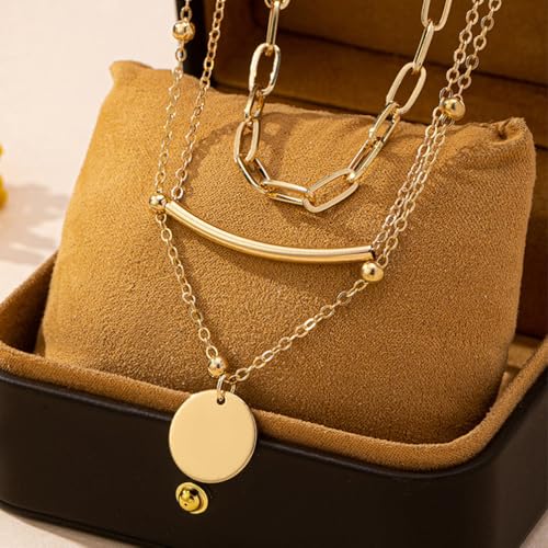 14K Gold Layered Necklaces for Women Trendy Small Bead Tube Polish Coin Pendant Choker Paperclip Chain Necklace Statement Accessory Jewelry Set Gift