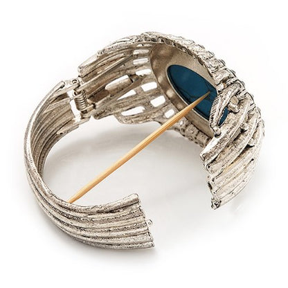 Avalaya Vintage Oval Shape Turquoise Stone, Crystal Hinged Bangle Bracelet