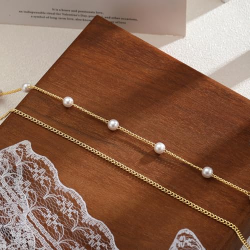 Gold Ankle Bracelets for Women, Dainty 14K Gold Plated Anklets for Women Waterproof Cuban Link Chain Pearl Anklet Set Trendy Layered Stackable Ankle Bracelet Non Tarnish Jewelry for Her - color: A0084