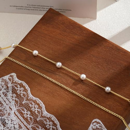 Gold Ankle Bracelets for Women, Dainty 14K Gold Plated Anklets for Women Waterproof Cuban Link Chain Pearl Anklet Set Trendy Layered Stackable Ankle Bracelet Non Tarnish Jewelry for Her - color: A0084