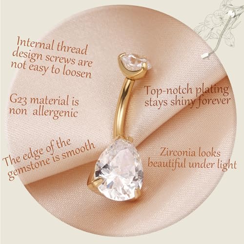 AROWRO Gold Belly Button Ring G23 Titanium Hypoallergenic 14G belly ring for Women Men Teardrop Navel Piercing Jewelry 10mm Barbell With Cubic Zircon - color: Gold+Teardrop Clear CZ