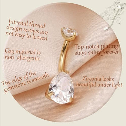 AROWRO Gold Belly Button Ring G23 Titanium Hypoallergenic 14G belly ring for Women Men Teardrop Navel Piercing Jewelry 10mm Barbell With Cubic Zircon - color: Gold+Teardrop Clear CZ