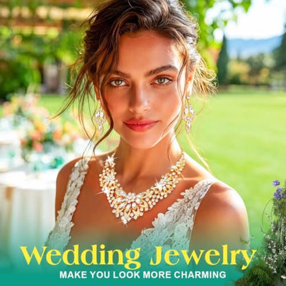 Yonamix Gold Jewelry Set Wedding Rhinestone Necklace Sets for Women | Formal Prom Dinner Party Gala Night Crystal Flower Necklaces Earrings - color: A Gold