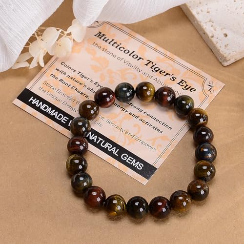 MASSIVE BEADS Handmade Yoga Stretch Elastic Bracelet Natural Stone Crystal Healing Power Energy Gifts for Unisex Adult 4mm 6mm 8mm 10mm - color: 3-Tiger's Eye (Vitality and Abundance), size: 10mm