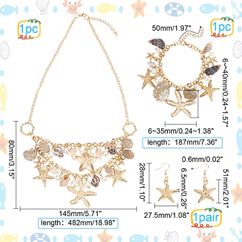PH PandaHall Mermaid Jewelry Accessories for Women, Gold Starfish Necklace Bracelet Boho Seashell Jewelries Ocean Beach Bib Statement Necklace Earrings for Summer Cosplay Holiday - color: Gold Bracelet & Necklace & Earrrings + Gift Box