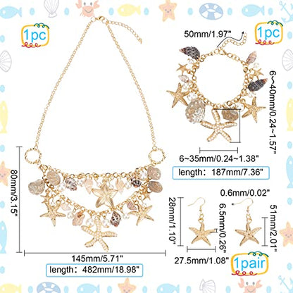 PH PandaHall Mermaid Jewelry Accessories for Women, Gold Starfish Necklace Bracelet Boho Seashell Jewelries Ocean Beach Bib Statement Necklace Earrings for Summer Cosplay Holiday - color: Gold Bracelet & Necklace & Earrrings + Gift Box