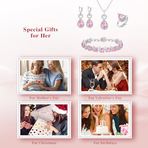 Wedding Jewelry Set for Women Bride Bridesmaid | Gorgeous Cubic Zirconia Teardrop Necklace Earrings Bracelet Adjustable Ring Jewelry Gift for Birthday/Anniversary - color: Heart-Pink
