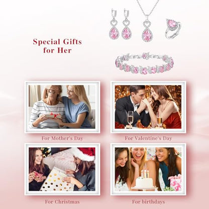 Wedding Jewelry Set for Women Bride Bridesmaid | Gorgeous Cubic Zirconia Teardrop Necklace Earrings Bracelet Adjustable Ring Jewelry Gift for Birthday/Anniversary - color: Heart-Pink