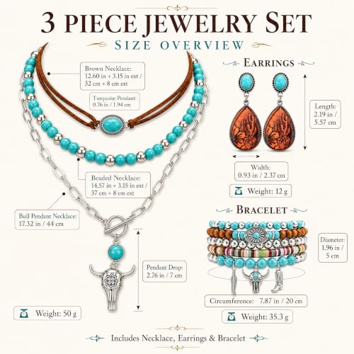 3Pcs Western Turquoise Jewelry Set Necklace Earrings Bracelet | Western Boho Style | Turquoise Beaded | Ox-Head Pendant | Layered Necklace | Faux Leather Cuff | Personalized Gift - color: Color-2