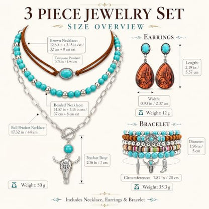 3Pcs Western Turquoise Jewelry Set Necklace Earrings Bracelet | Western Boho Style | Turquoise Beaded | Ox-Head Pendant | Layered Necklace | Faux Leather Cuff | Personalized Gift - color: Color-2