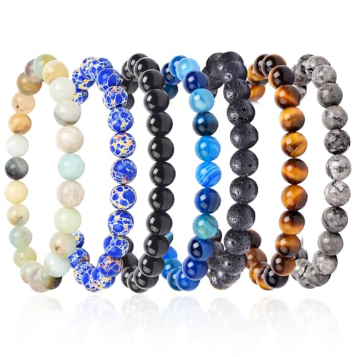 COLOYAN 7 Pcs 8mm Natural Stone Beaded Healing Crystal Bracelets for Women | Durable Handmade Stretch Bracelets, Multiple Styles,Semi-Precious Gemstones Reiki Spiritual Jewelry Gift Meditation Yoga - color: A