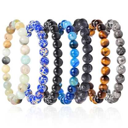 COLOYAN 7 Pcs 8mm Natural Stone Beaded Healing Crystal Bracelets for Women | Durable Handmade Stretch Bracelets, Multiple Styles,Semi-Precious Gemstones Reiki Spiritual Jewelry Gift Meditation Yoga - color: A