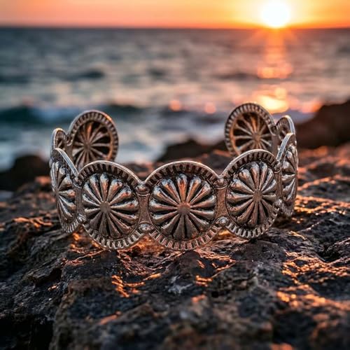 ASIJUNTYECHO Silver Western Bracelet, Concho Cuff Bracelets for Women | Alloy with antique distressed finish, sunburst concho engraving, adjustable open cuff, western silver bracelet for cowgirls
