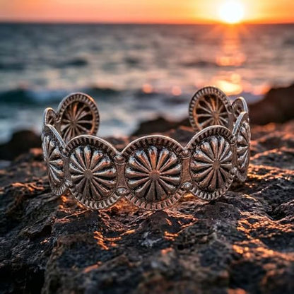 ASIJUNTYECHO Silver Western Bracelet, Concho Cuff Bracelets for Women | Alloy with antique distressed finish, sunburst concho engraving, adjustable open cuff, western silver bracelet for cowgirls