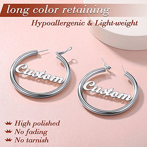 FindChic Hoop Earrings for Women, Silver/Black/14K Gold Plated Hypoallergenic Hollow Round Tube Loop Earrings, 20mm/30mm/40mm/60mm/80mm Chunky Hoops with Custom Name Options & Gift Box - color: e.Silver (Custom Name), size: 60MM