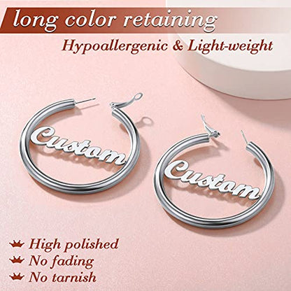FindChic Hoop Earrings for Women, Silver/Black/14K Gold Plated Hypoallergenic Hollow Round Tube Loop Earrings, 20mm/30mm/40mm/60mm/80mm Chunky Hoops with Custom Name Options & Gift Box - color: e.Silver (Custom Name), size: 60MM