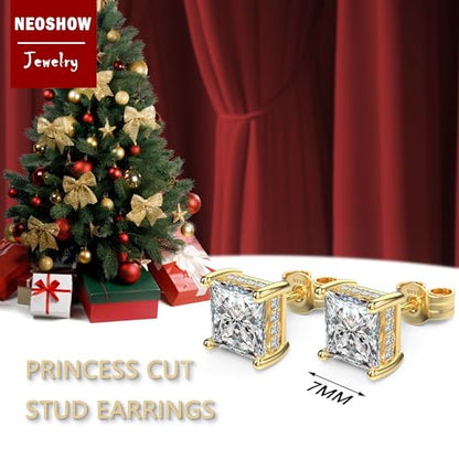 Princess Cut Cubic Zirconia Stud Earrings for Men Women | Square CZ Simulated Diamond Studs, 18K White Gold Plated Sterling Silver, Hypoallergenic - color: Gold, size: 7MM