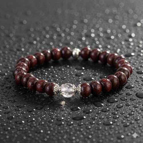 Avoirr 8mm-Red Sandalwood & Clear Quartz Bracelet | Handcrafted Spiritual Beads Jewelry | Meditation, Clarity & Balance Bracelet | Unisex Stretch Bracelet-Natural Wooden & Crystal Healing Beads- 7 Inches