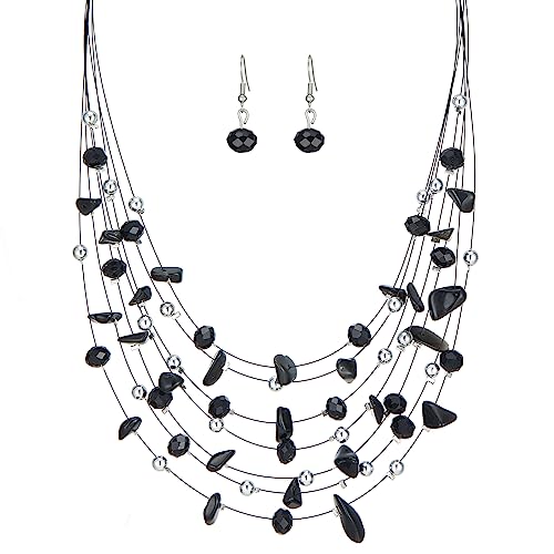 Multi-Layer Boho Shell Beaded Necklace for Women Colorful Crystal Strand with Silver Beads Statement Collars Necklace and Earrings Costumes Jewelry Sets for Women - color: 48-Black