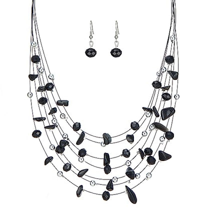 Multi-Layer Boho Shell Beaded Necklace for Women Colorful Crystal Strand with Silver Beads Statement Collars Necklace and Earrings Costumes Jewelry Sets for Women - color: 48-Black