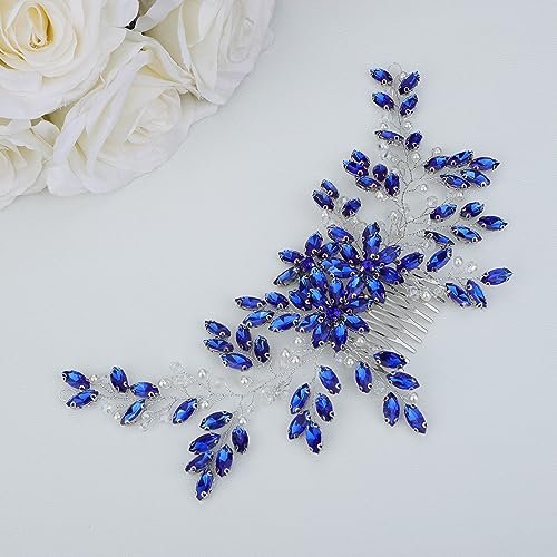 Hair Comb, Women Handmade Blue Rhinestone Crystal Flower Wedding Bridal Headpiece for Weddings, Parties, Mother's Day Gift (BLUE, 28cm*8cm) - color: BLUE