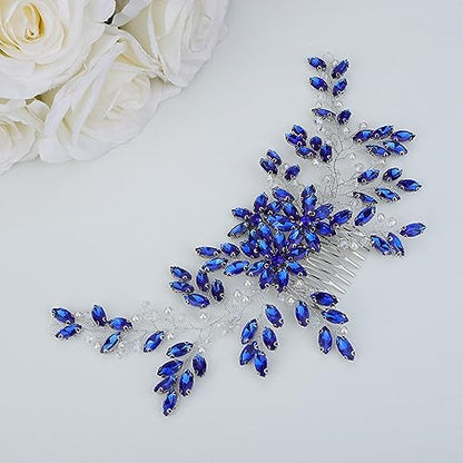 Hair Comb, Women Handmade Blue Rhinestone Crystal Flower Wedding Bridal Headpiece for Weddings, Parties, Mother's Day Gift (BLUE, 28cm*8cm) - color: BLUE