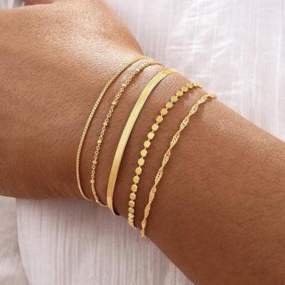 Gold Bracelets for Women, 14K Gold Plated Stackable Bracelet Stack Set Adjustable Charm Small Square Chain Snake Link Layered Waterproof Jewelry Sets Gifts - color: Bracelets-3 Gold
