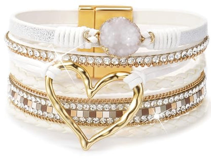 Suyi Multilayer Leather Wrap Bracelet Heart-Shape Wide Bracelets for Women - color: White