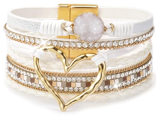 Suyi Multilayer Leather Wrap Bracelet Heart-Shape Wide Bracelets for Women - color: White