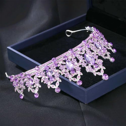 Kamirola Bridal Wedding Tiara Crown Jewelry Set for Women/Brides/Bridesmaids Crystal Jewelry Set for Wedding Prom Party Bridal Crystal Necklace Earrings Bracelet Set(TR60) - color: All Purple