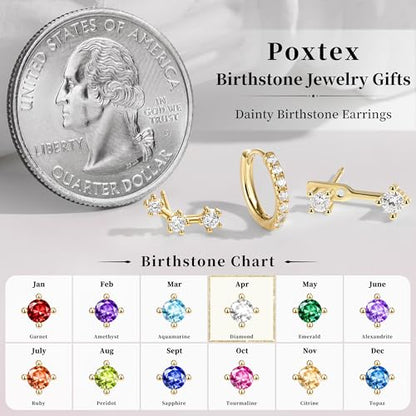 3 Pairs Dainty Small Earrings Set for Women Trendy, Birthstone Stud Huggie Hoop Jacket Stack for Cartilage Helix, Gold Plated Hypoallergenic Cute Women Fashion Accessories Western Jewelry Gifts - color: 04White - Apr