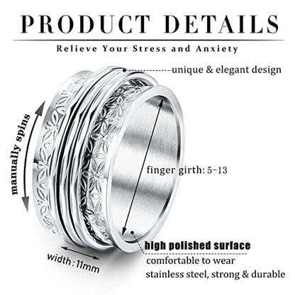 Magitaco Stainless Steel Spinner Rings Fidget Band Rings Moon Star Flower Butterfly Anxiety Rings for Women Men - color: Silver Flower