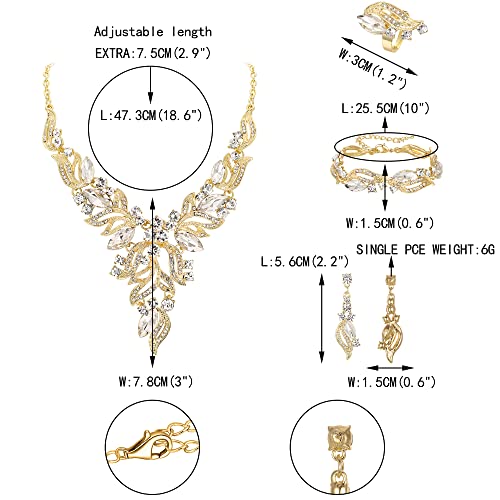 EVER FAITH Bridal Wedding Marquise Crystal Leaf Cluster Statement Y-Shaped Necklace Earrings Bracelet Ring Set for Prom - color: Clear Gold-Tone