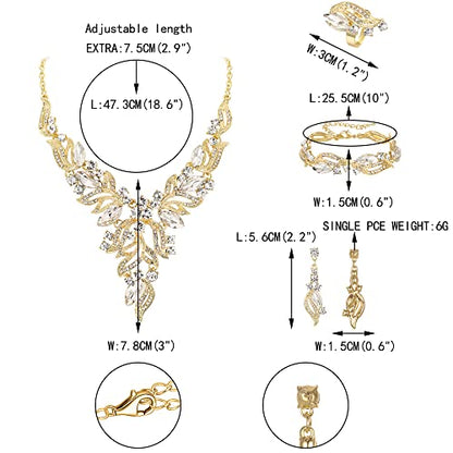 EVER FAITH Bridal Wedding Marquise Crystal Leaf Cluster Statement Y-Shaped Necklace Earrings Bracelet Ring Set for Prom - color: Clear Gold-Tone
