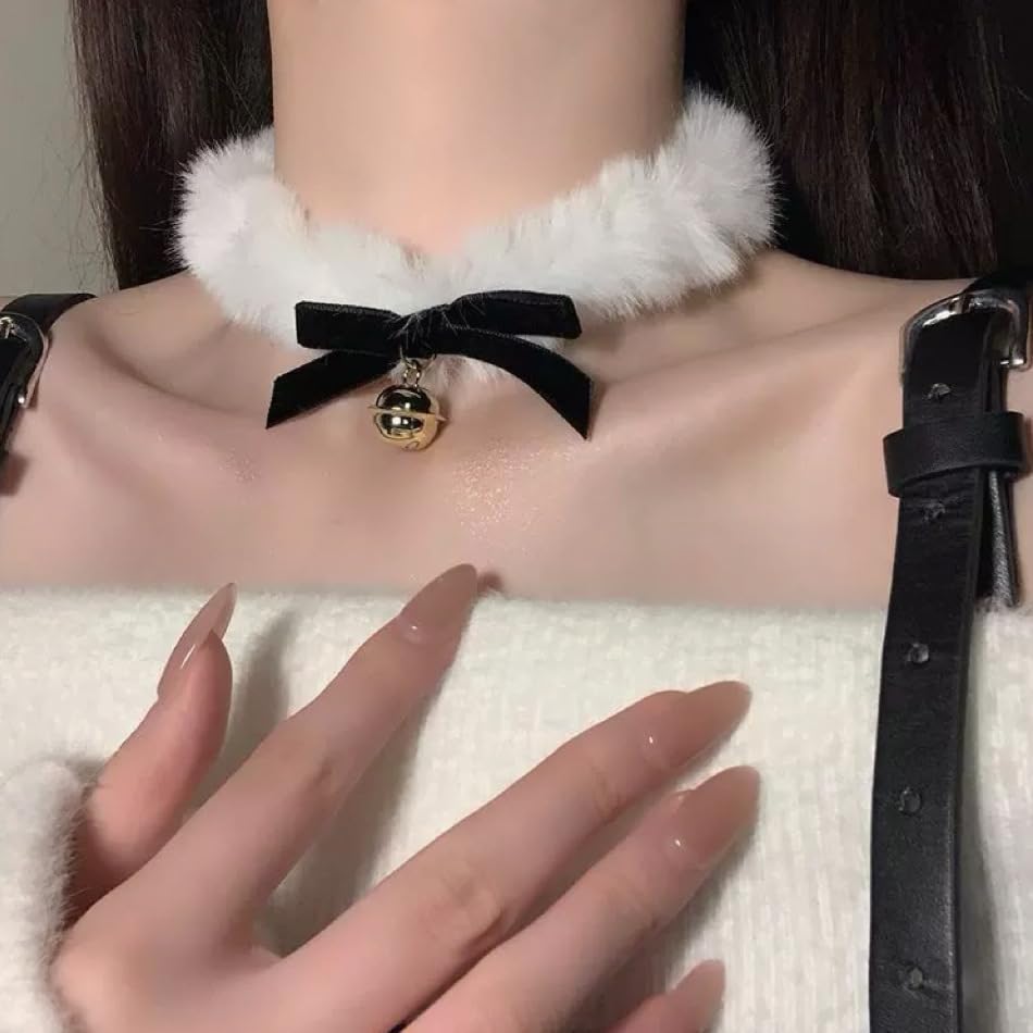 CJIAYUJEW Red Bow Velvet Choker Necklace Sexy Faux Fur Collar Bowtie Long Wrap Rope Neck Chain with Gold Pendant Bell Party Neck Accessories for Women - color: C